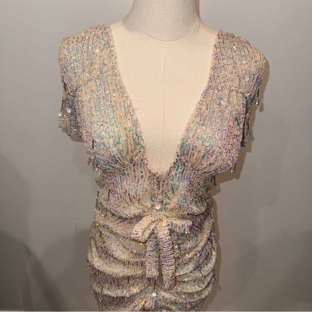 Sequin V-Neck Dress with Bow